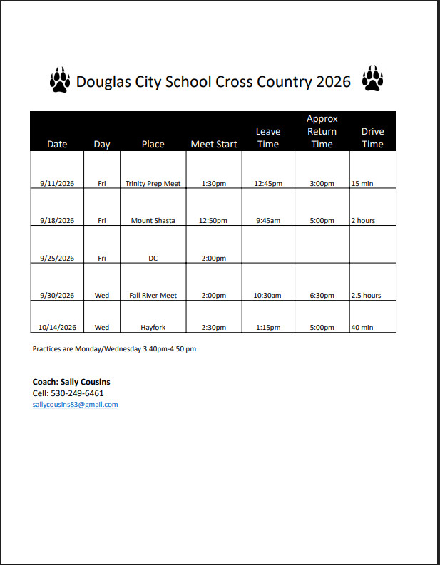 Cross Country Schedule