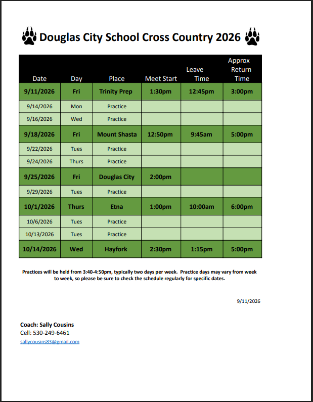 Cross Country Schedule