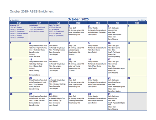 ASES Enrichment Calendar for October