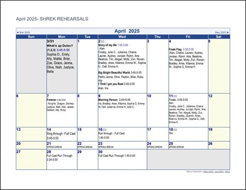 April Shrek Schedule