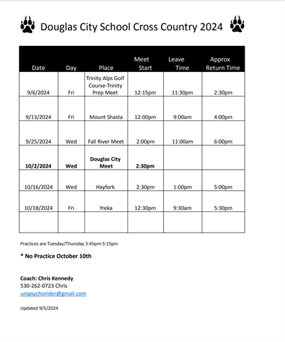 Cross Country Schedule for 2024